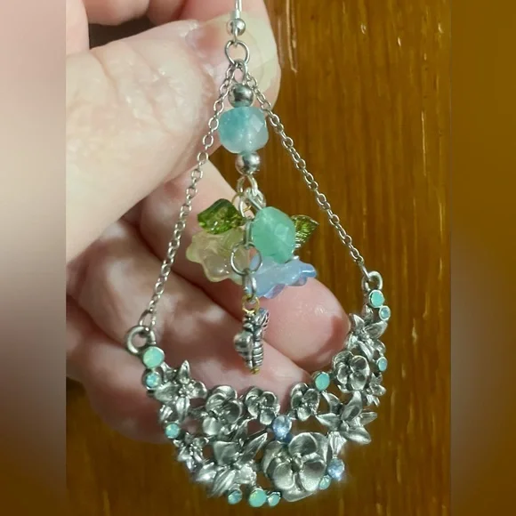 Vintage Upcycled Floral Silver Green and Blue Dangle Earrings - Picture 8 of 10